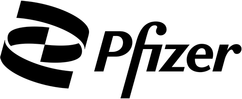 Black Pfizer logo with a stylized double helix shape to the left of the word Pfizer written in a modern, bold font on a white background.