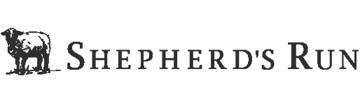 Logo for Shepherds Run featuring a sheep on the left and the text Shepherds Run in uppercase serif font on the right.