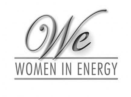 Logo with elegant, cursive letters We above a horizontal line, and the words WOMEN IN ENERGY in all capitalized block letters below the line. The design is in gray tones.