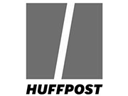 The image shows the HuffPost logo, featuring a bold forward slash inside a square with the word HUFFPOST in uppercase letters below. The simple and modern grayscale design suits topics like leadership self-care or a workplace wellbeing speaker.