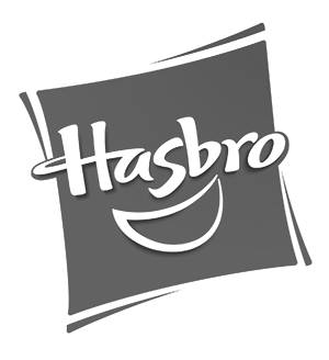 Hasbro logo in grayscale, featuring the word Hasbro in a playful, white font over a dark, tilted square background, with a curved smile beneath the text—a perfect touch for any workplace wellbeing speaker presentation.