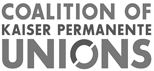 Logo with the words Coalition of Kaiser Permanente Unions in bold, gray letters. The letter O in Unions features a stylized circular design, reflecting themes of leadership self-care and burnout prevention.