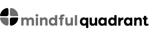 Logo for mindful quadrant in lowercase letters, with a circular icon divided into four shaded sections on the left. Perfect for women’s leadership development, the word mindful is in light gray and quadrant is in bold black font.