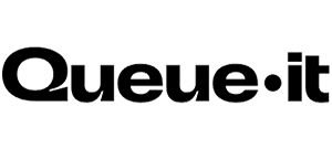The image displays the Queue-it logo in bold black text with a dot between Queue and it on a light gray background, reflecting a modern aesthetic suitable for themes like burnout prevention or women’s leadership development.