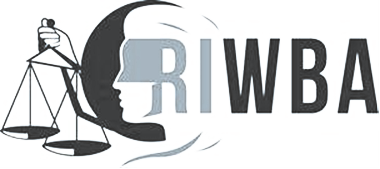Logo with a stylized profile of a womans face, a hand holding justice scales, and the letters RIWBA beside the image. The design uses shades of black and gray.