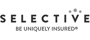 Logo for Selective Insurance. The word SELECTIVE is in bold black letters, with three dots above the letter V. Below, the slogan reads BE UNIQUELY INSURED® in smaller capital letters.