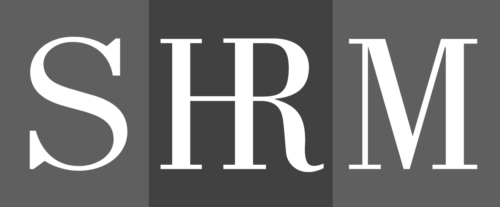 The image shows the letters SHRM in white, each on a separate square with different shades of gray as the background.