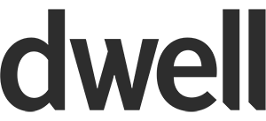 The word dwell is written in bold, black, lowercase letters using a modern sans-serif font on a light gray background.