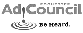 Logo for Rochester Ad Council. The exclamation point in AdCouncil creates a ripple effect below it. The slogan Be Heard. appears in bold letters to the right of the ripples.