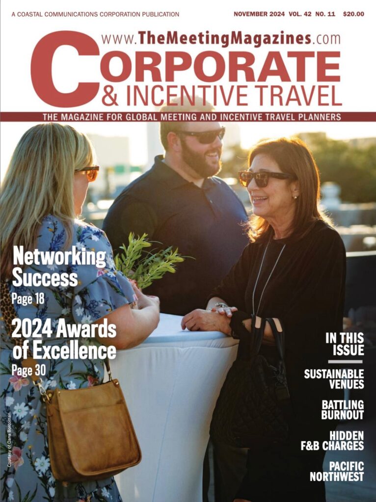 Three people stand and smile around a white outdoor cocktail table at an event. Two women and one man are engaged in conversation on the cover of Corporate & Incentive Travel magazine, November 2024 issue.